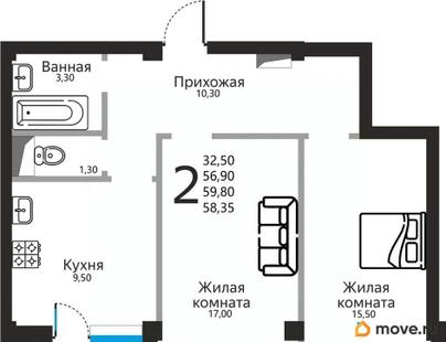 2-комн. квартира, 58.35 м&sup2;