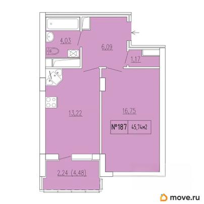 1-комн. квартира, 43.5 м&sup2;
