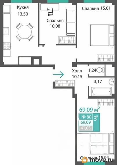 3-комн. квартира, 69.09 м&sup2;