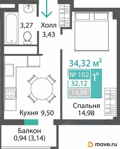 1-комн. квартира, 32.12 м&sup2;