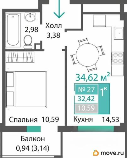 1-комн. квартира, 32.42 м&sup2;