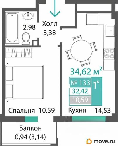1-комн. квартира, 32.42 м&sup2;