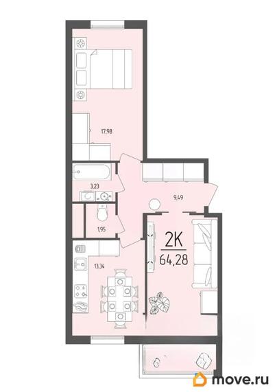 2-комн. квартира, 64.28 м&sup2;