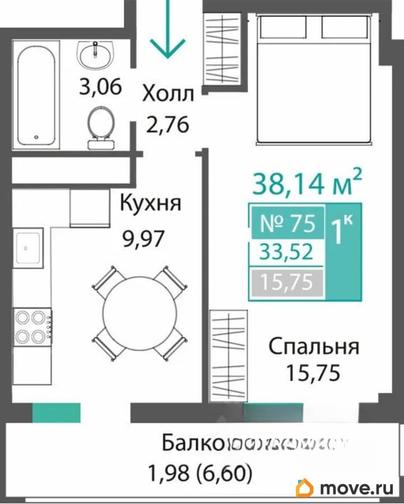 1-комн. квартира, 33.52 м&sup2;