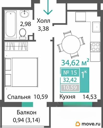 1-комн. квартира, 32.42 м&sup2;
