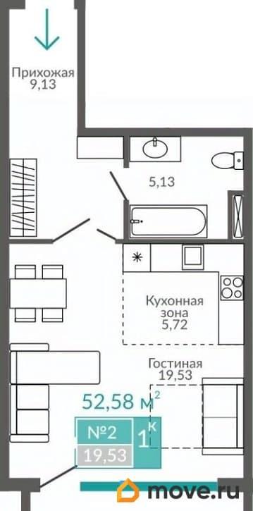 1-комн. апартаменты, 52.58 м&sup2;