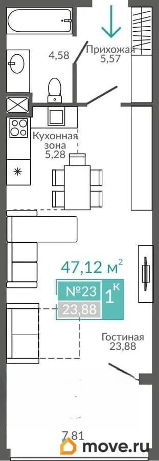 1-комн. апартаменты, 47.12 м&sup2;