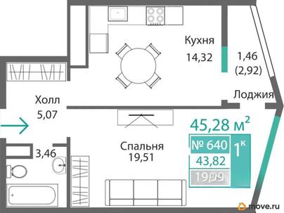1-комн. квартира, 43.82 м&sup2;