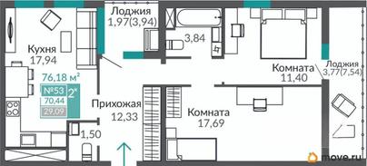 2-комн. квартира, 70.44 м&sup2;