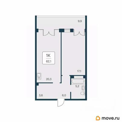 1-комн. квартира, 62.1 м&sup2;