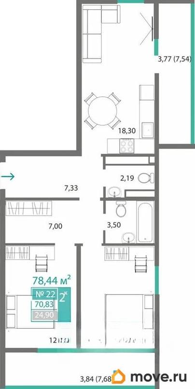 2-комн. квартира, 70.83 м&sup2;