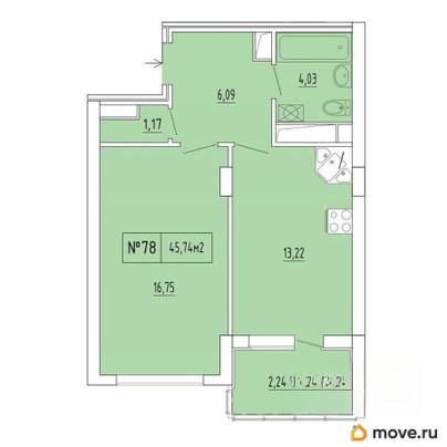 1-комн. квартира, 43.5 м&sup2;