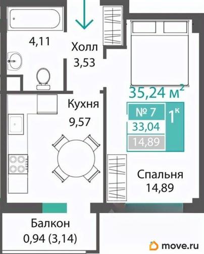 1-комн. квартира, 33.04 м&sup2;