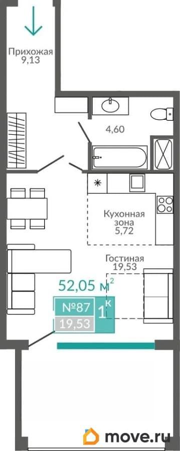1-комн. апартаменты, 52.05 м&sup2;