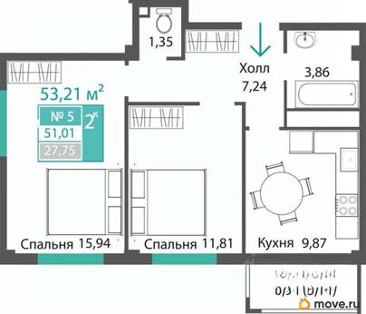 2-комн. квартира, 51.01 м&sup2;