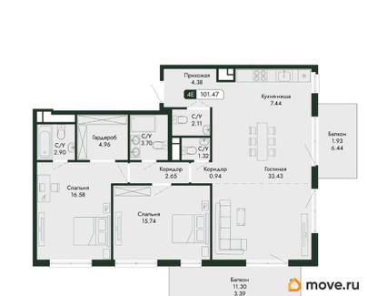 3-комн. квартира, 101.47 м&sup2;