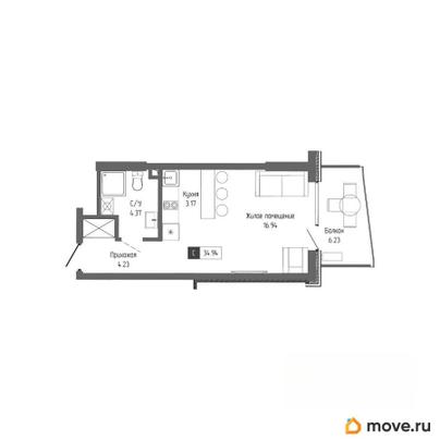 1-комн. апартаменты, 34.94 м&sup2;