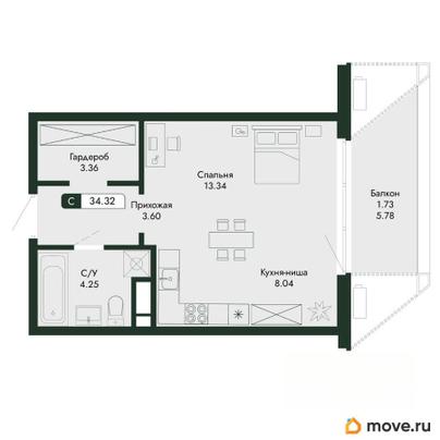 студия, 34.32 м&sup2;
