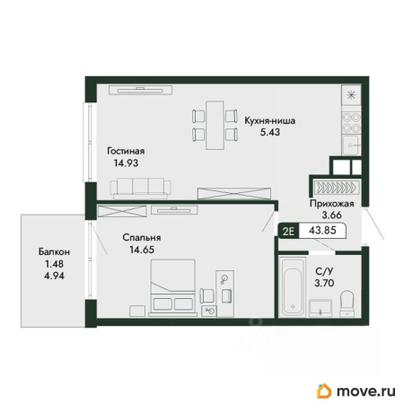 2-комн. квартира, 43.85 м&sup2;
