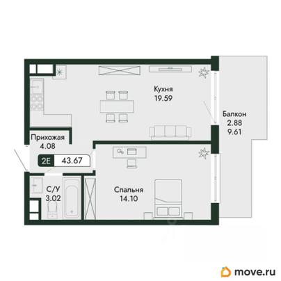 2-комн. квартира, 43.67 м&sup2;