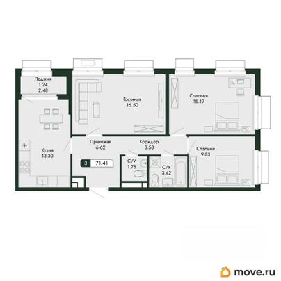 3-комн. квартира, 71.41 м&sup2;