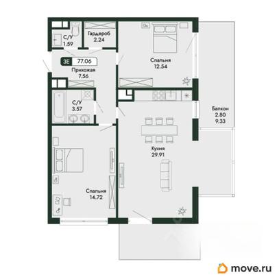 3-комн. квартира, 77.06 м&sup2;