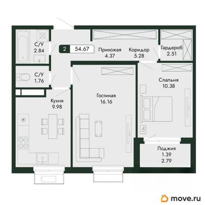 2-комн. квартира, 54.67 м&sup2;