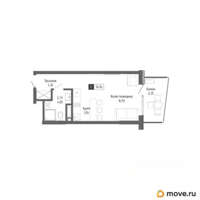 1-комн. апартаменты, 34.56 м&sup2;