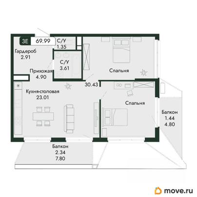 3-комн. квартира, 69.99 м&sup2;