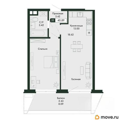 2-комн. квартира, 40.89 м&sup2;