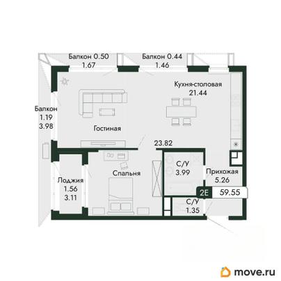 2-комн. квартира, 59.55 м&sup2;