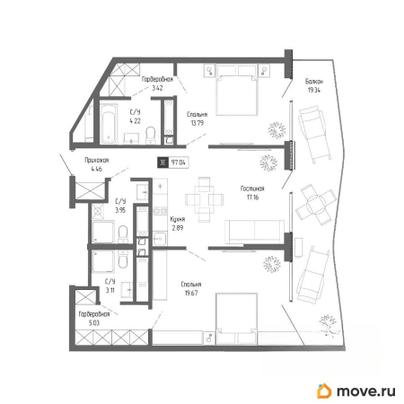 3-комн. апартаменты, 97.04 м&sup2;