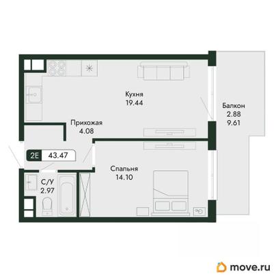 2-комн. квартира, 43.47 м&sup2;