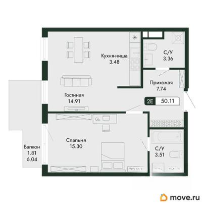 2-комн. квартира, 50.11 м&sup2;