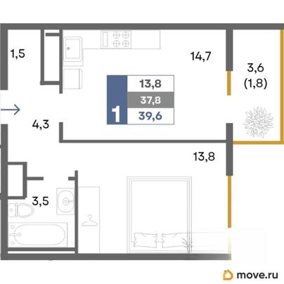 1-комн. квартира, 39.6 м&sup2;
