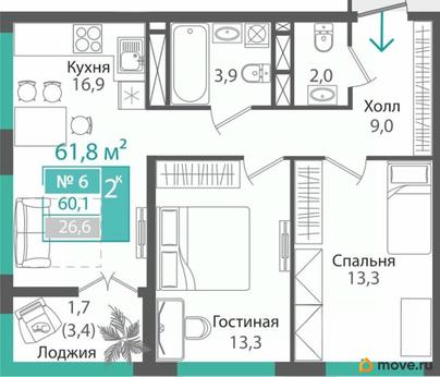 2-комн. квартира, 60.1 м&sup2;