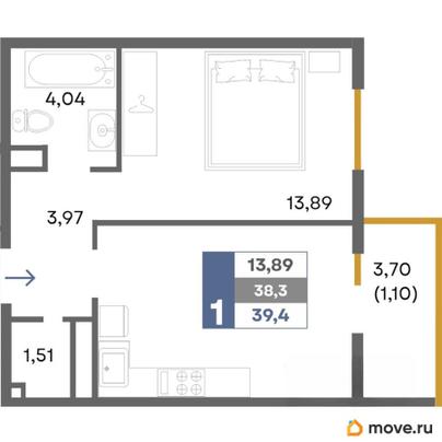1-комн. квартира, 39.4 м&sup2;