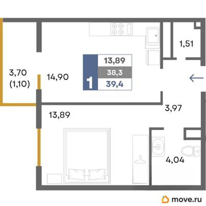 1-комн. квартира, 39.4 м&sup2;