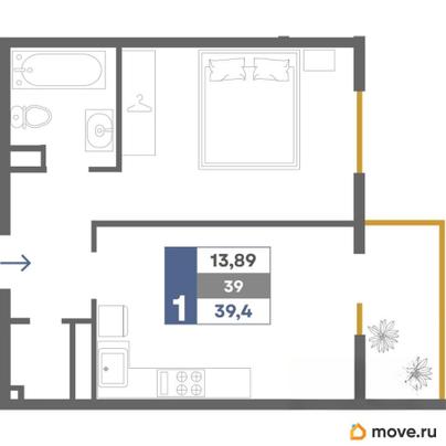 1-комн. квартира, 39.4 м&sup2;