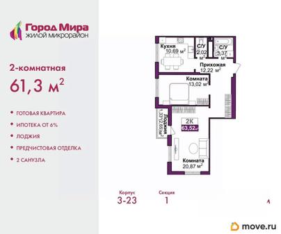 2-комн. квартира, 61.3 м&sup2;