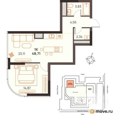 1-комн. квартира, 48.71 м&sup2;