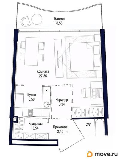 1-комн. апартаменты, 53.63 м&sup2;