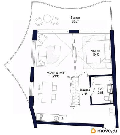 1-комн. апартаменты, 66.09 м&sup2;
