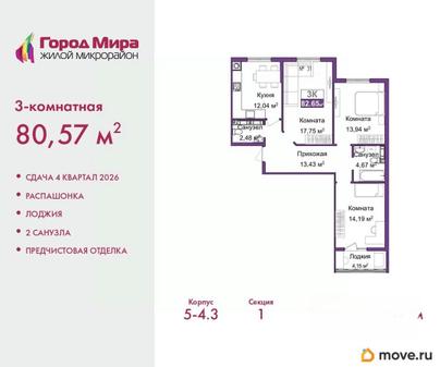 3-комн. квартира, 80.57 м&sup2;