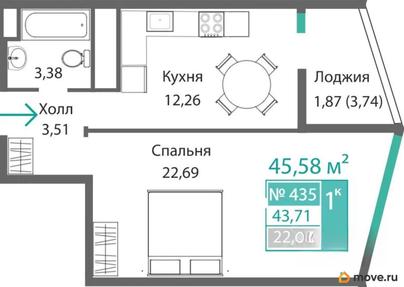 1-комн. квартира, 43.71 м&sup2;