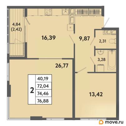 2-комн. квартира, 74.46 м&sup2;