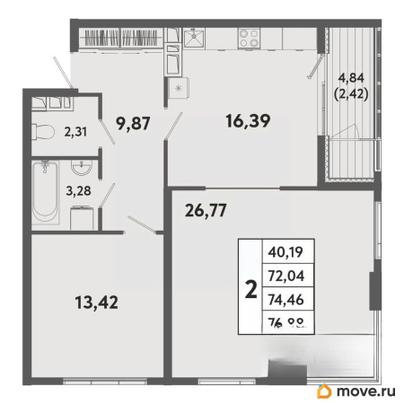 2-комн. квартира, 74.46 м&sup2;