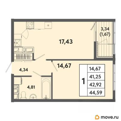 1-комн. квартира, 42.92 м&sup2;