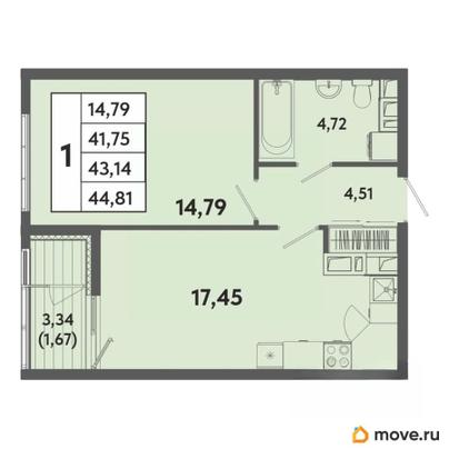 1-комн. квартира, 43.14 м&sup2;