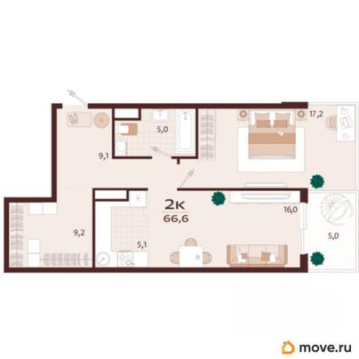 2-комн. квартира, 66.6 м&sup2;